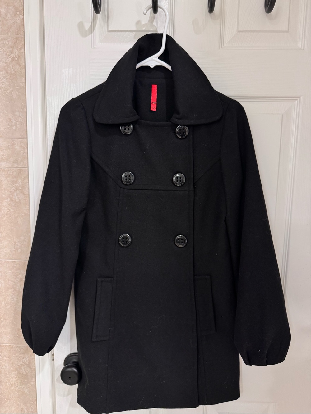 Women's Black Double-Breasted Wool Blend Peacoat